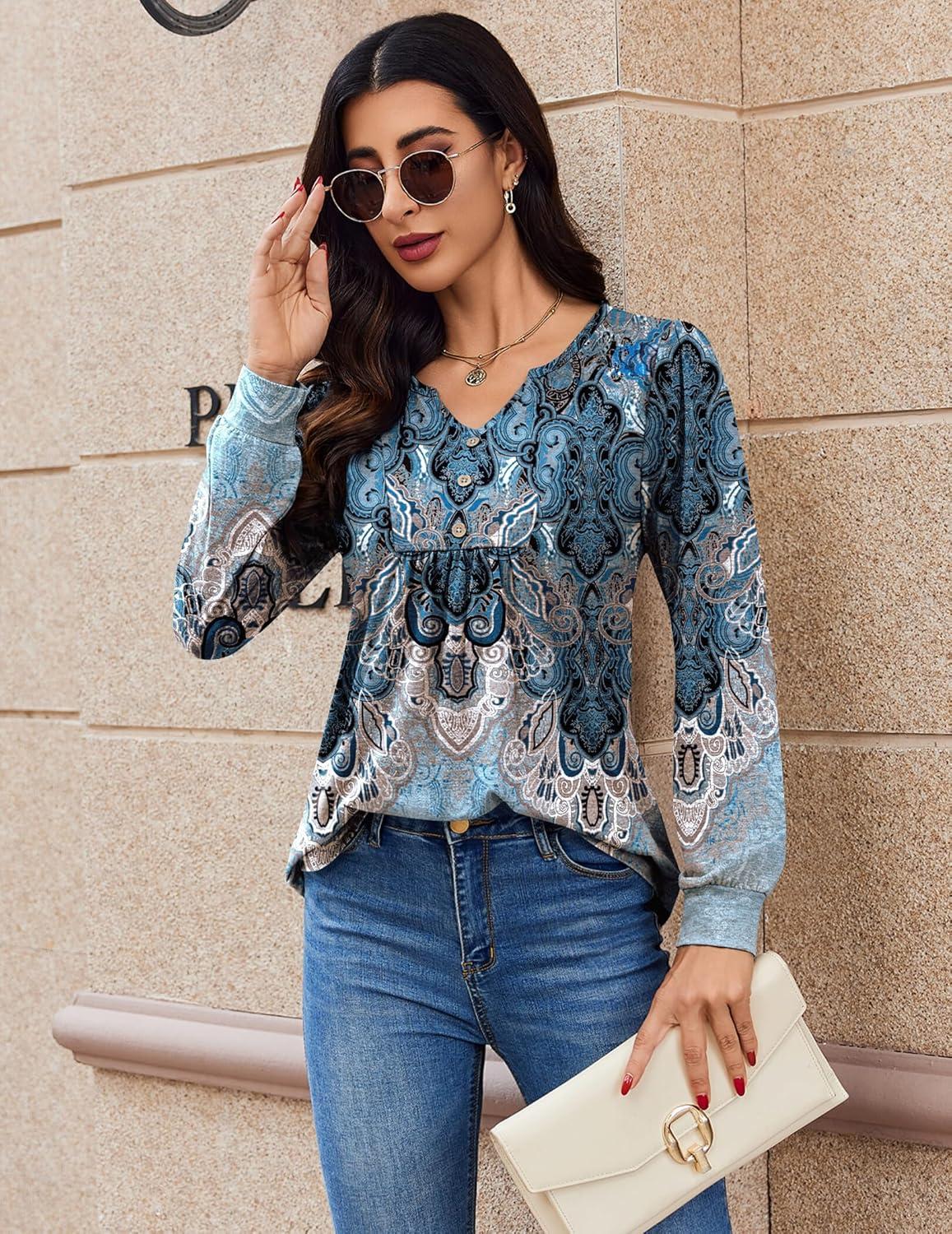 imageZeagoo Long Sleeve Shirts for Women 2025 Casual Pleated V Neck Fall Tunic Tops Button Down Blouse Dressy Loose TShirtsMz837