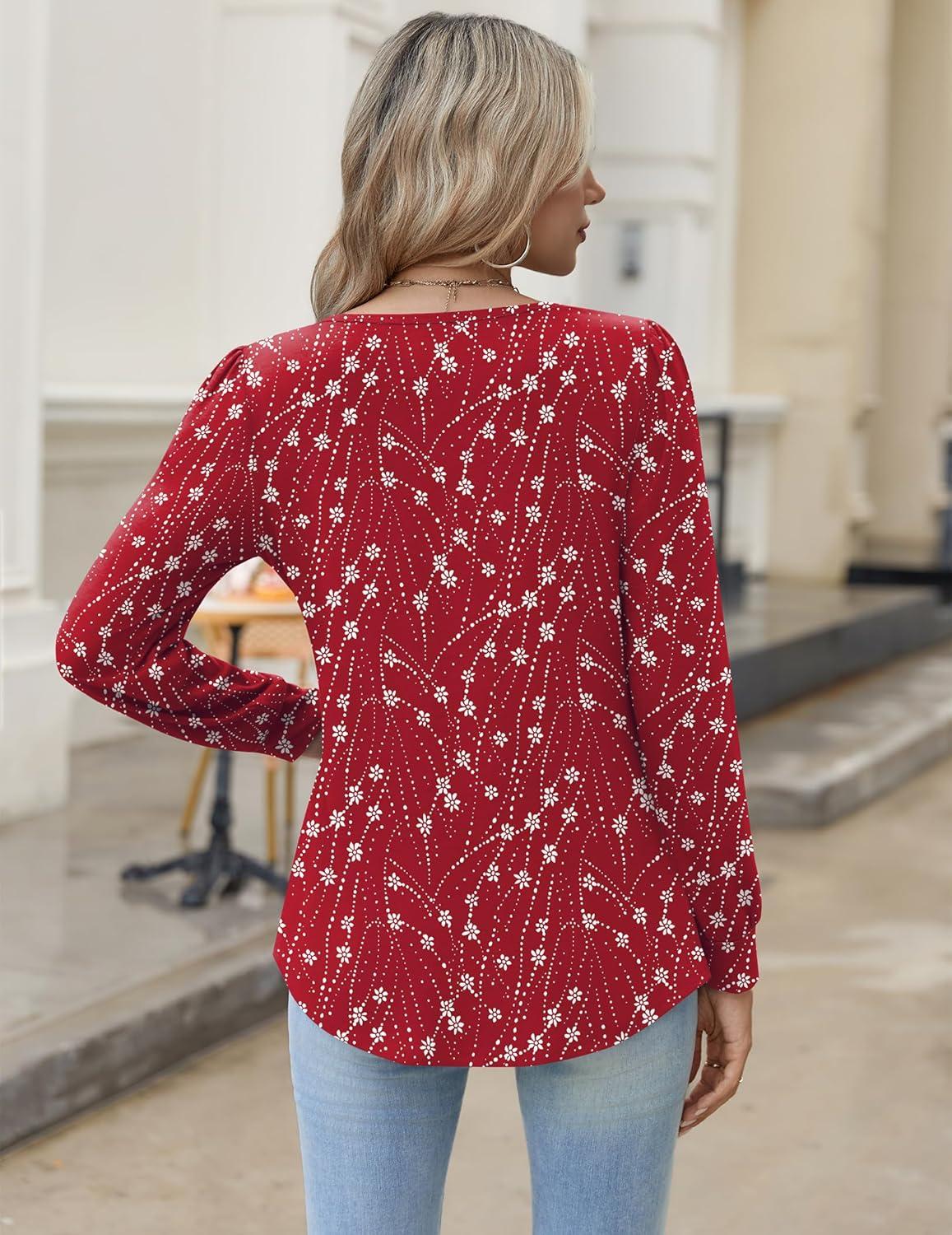 imageZeagoo Long Sleeve Shirts for Women 2025 Casual Pleated V Neck Fall Tunic Tops Button Down Blouse Dressy Loose TShirtsRed Floral