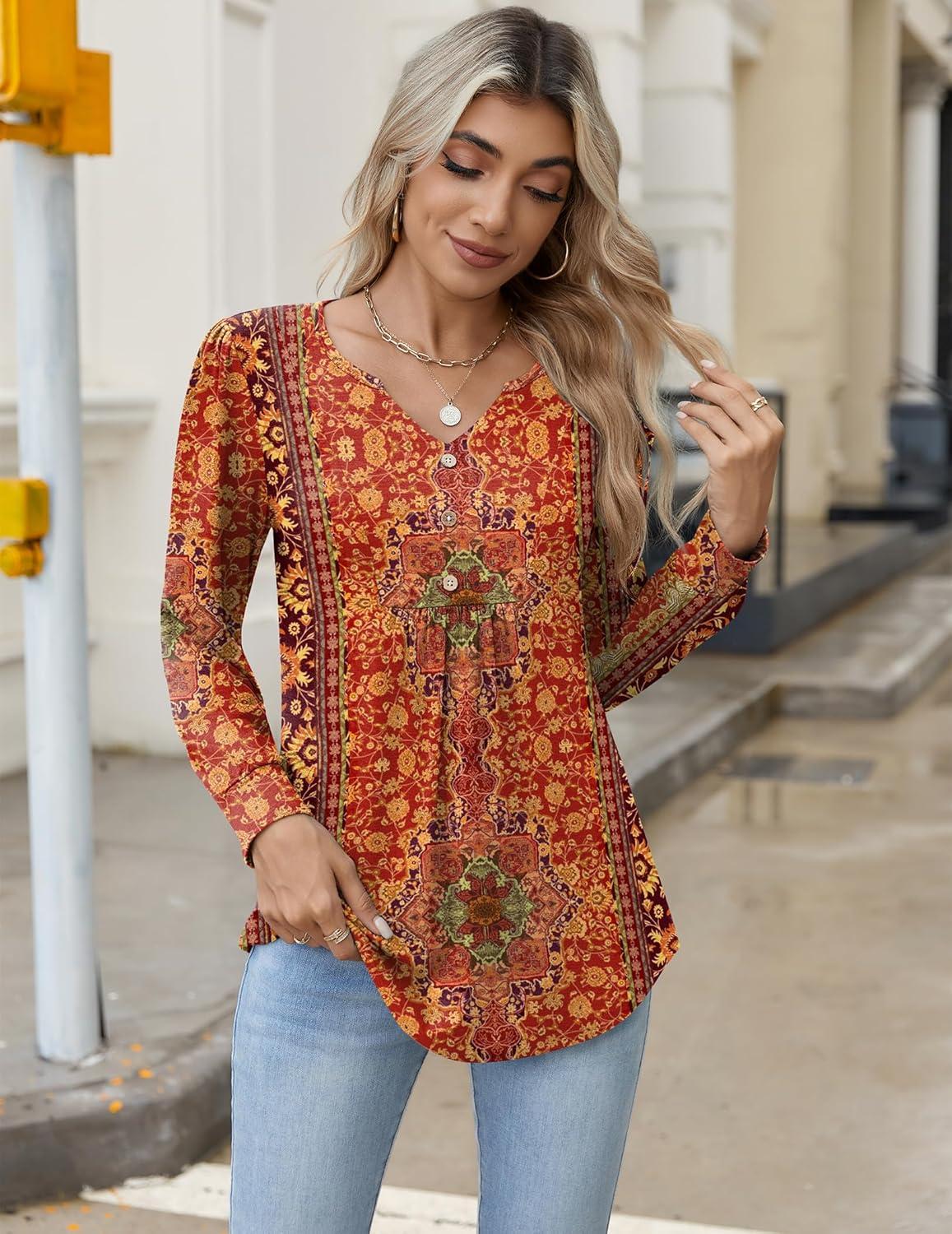 imageZeagoo Long Sleeve Shirts for Women 2025 Casual Pleated V Neck Fall Tunic Tops Button Down Blouse Dressy Loose TShirtsVintage Flower