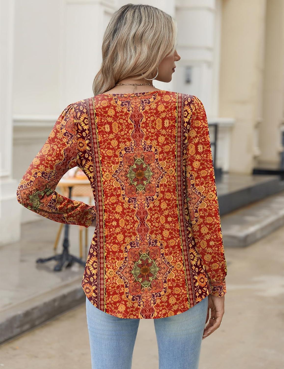 imageZeagoo Long Sleeve Shirts for Women 2025 Casual Pleated V Neck Fall Tunic Tops Button Down Blouse Dressy Loose TShirtsVintage Flower
