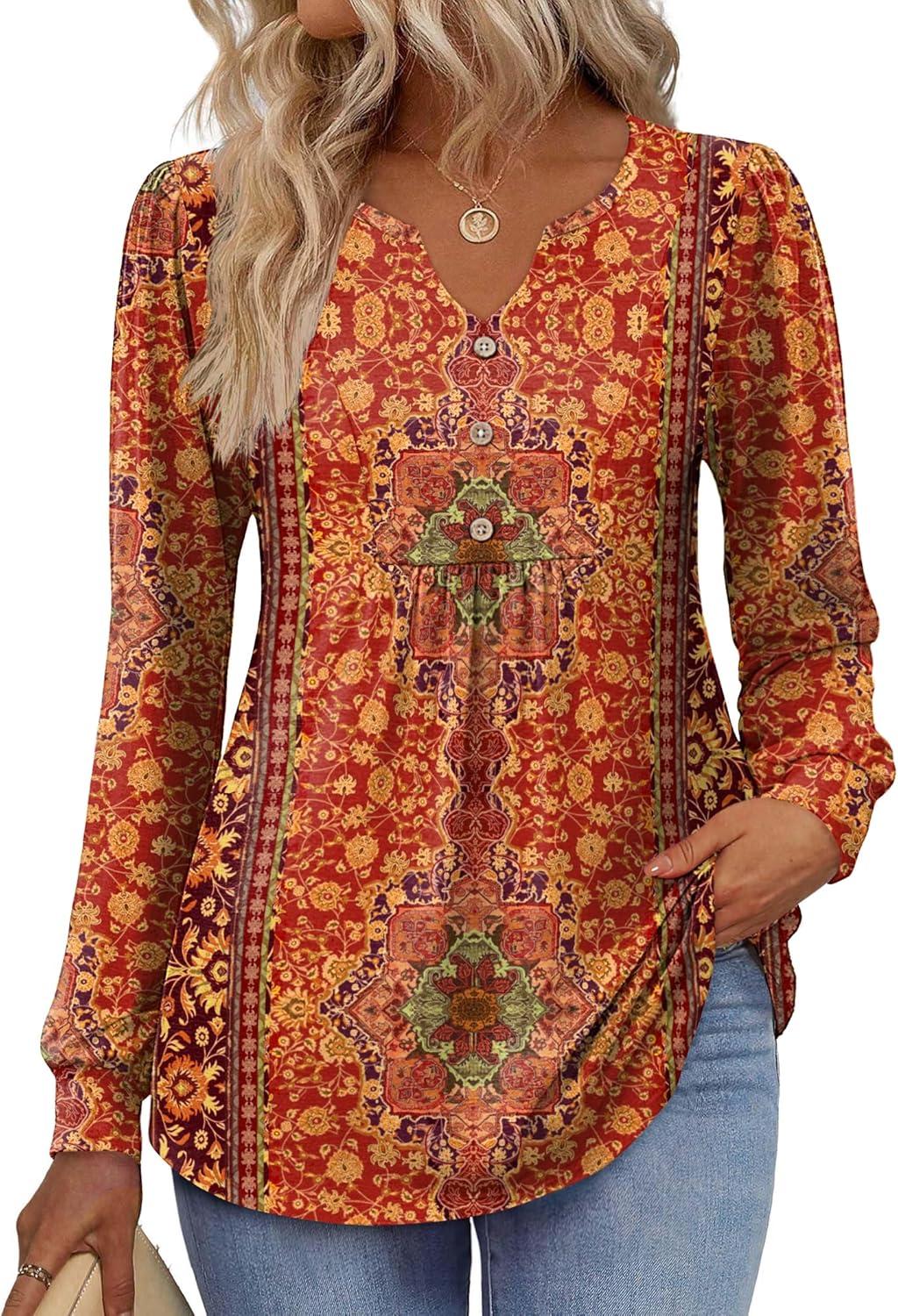 imageZeagoo Long Sleeve Shirts for Women 2025 Casual Pleated V Neck Fall Tunic Tops Button Down Blouse Dressy Loose TShirtsVintage Flower
