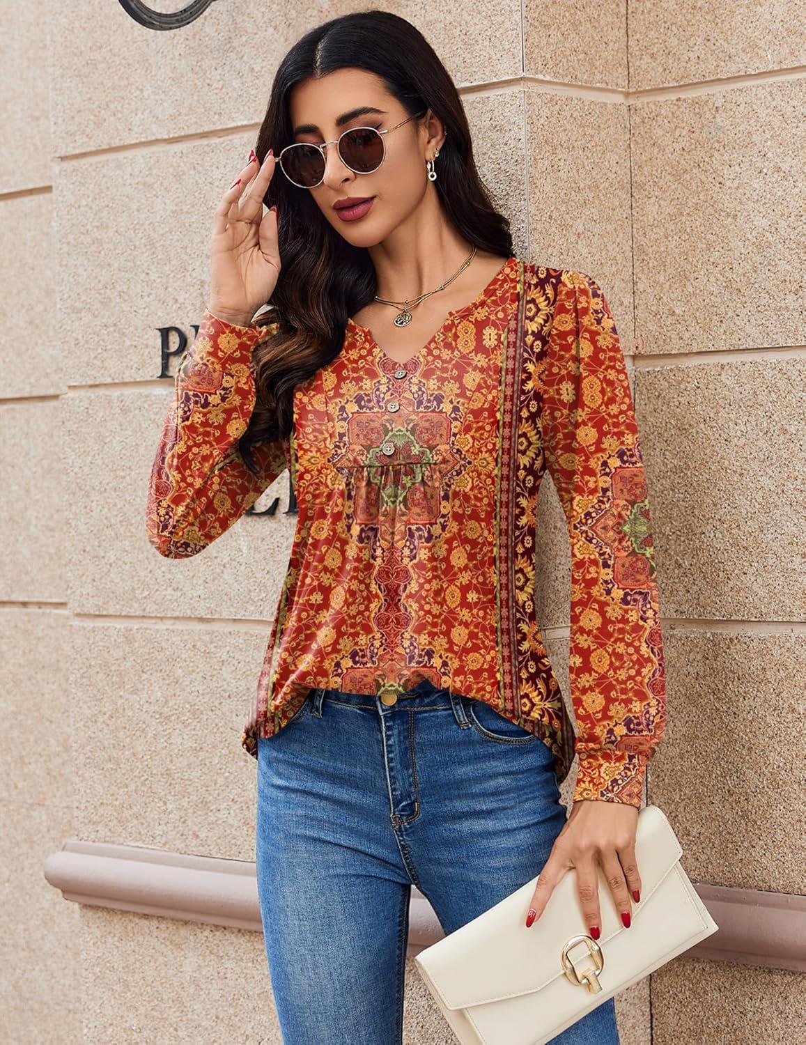 imageZeagoo Long Sleeve Shirts for Women 2025 Casual Pleated V Neck Fall Tunic Tops Button Down Blouse Dressy Loose TShirtsVintage Flower