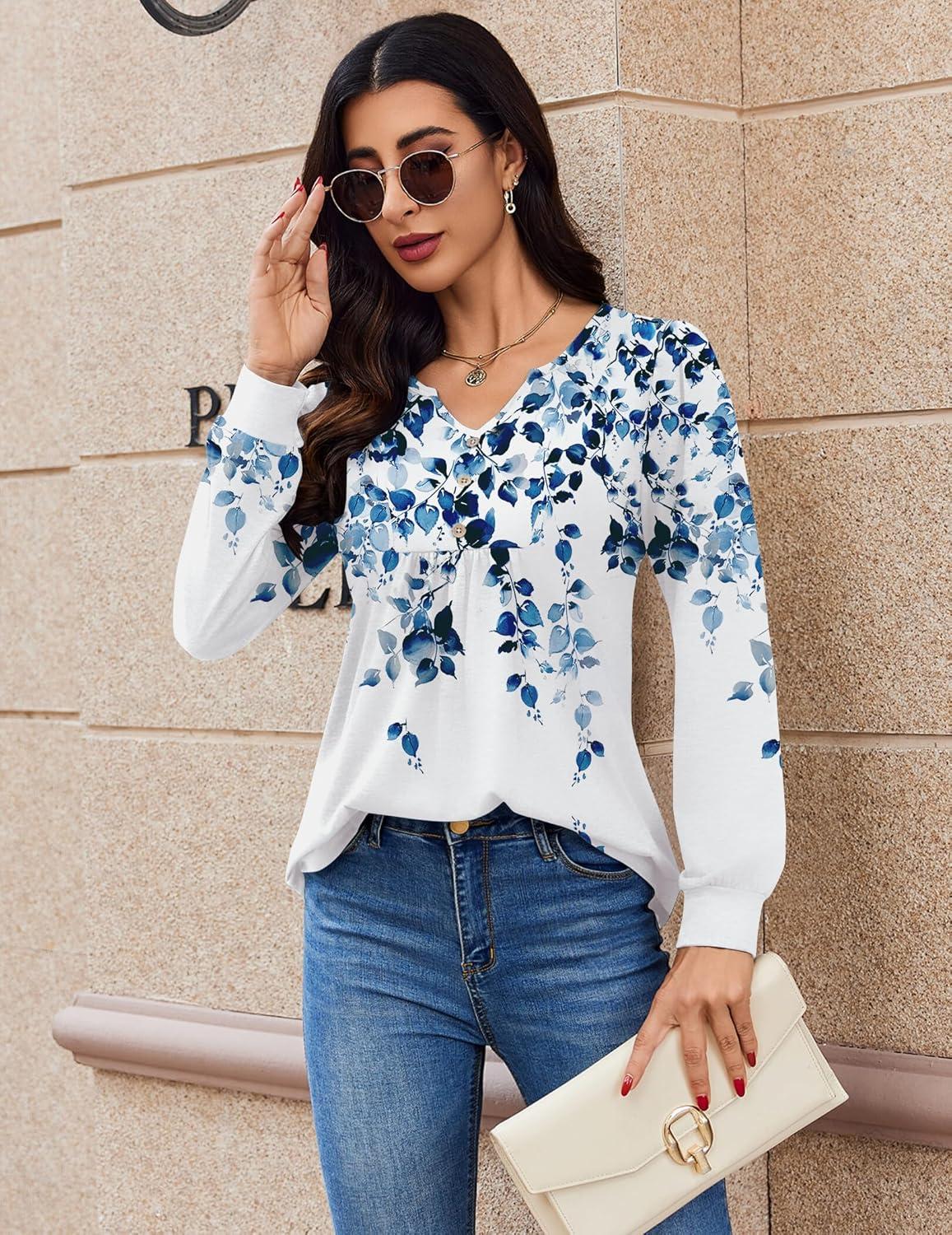 imageZeagoo Long Sleeve Shirts for Women 2025 Casual Pleated V Neck Fall Tunic Tops Button Down Blouse Dressy Loose TShirtsWf41