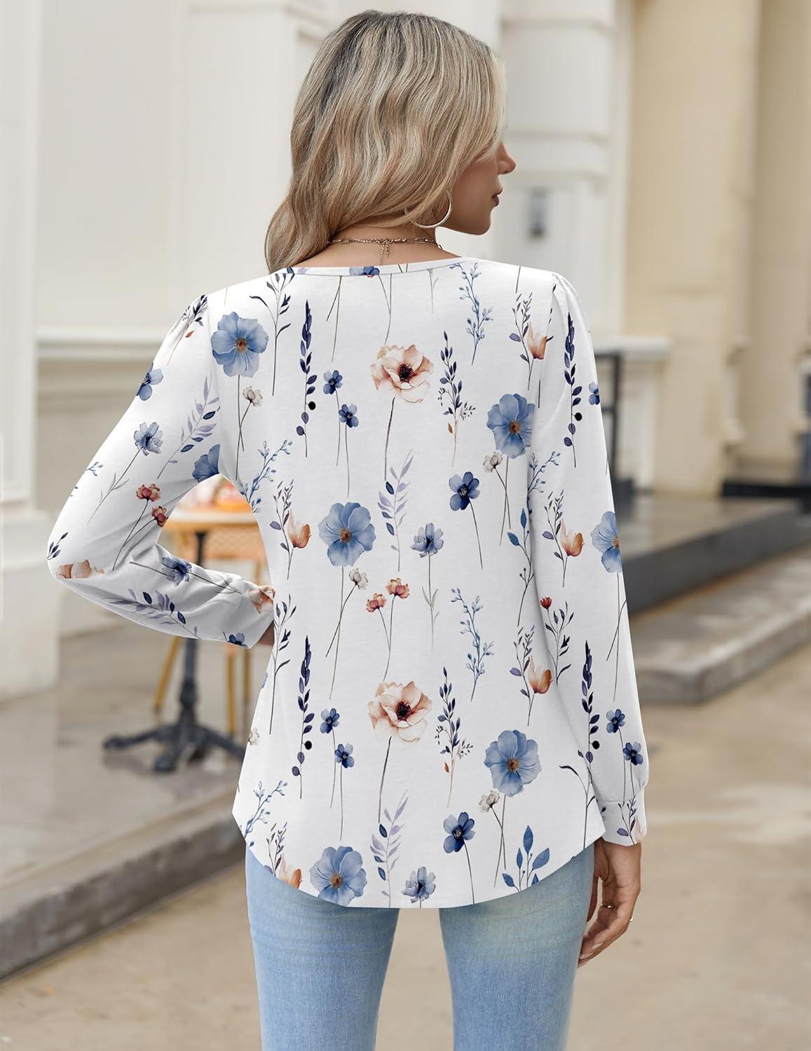 imageZeagoo Long Sleeve Shirts for Women 2025 Casual Pleated V Neck Fall Tunic Tops Button Down Blouse Dressy Loose TShirtsWhite Floral