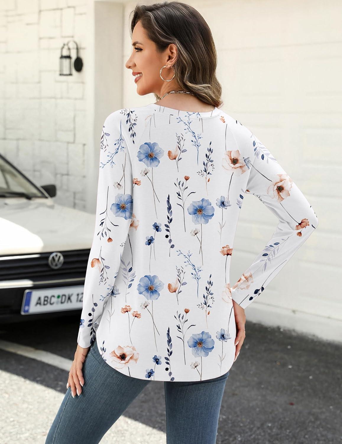 imageZeagoo Long Sleeve Shirts for Women Crew Neck Casual Fall Fashion Blouses Basic Tunic Tops Dressy Work ClothesAwhite Flowerbf112
