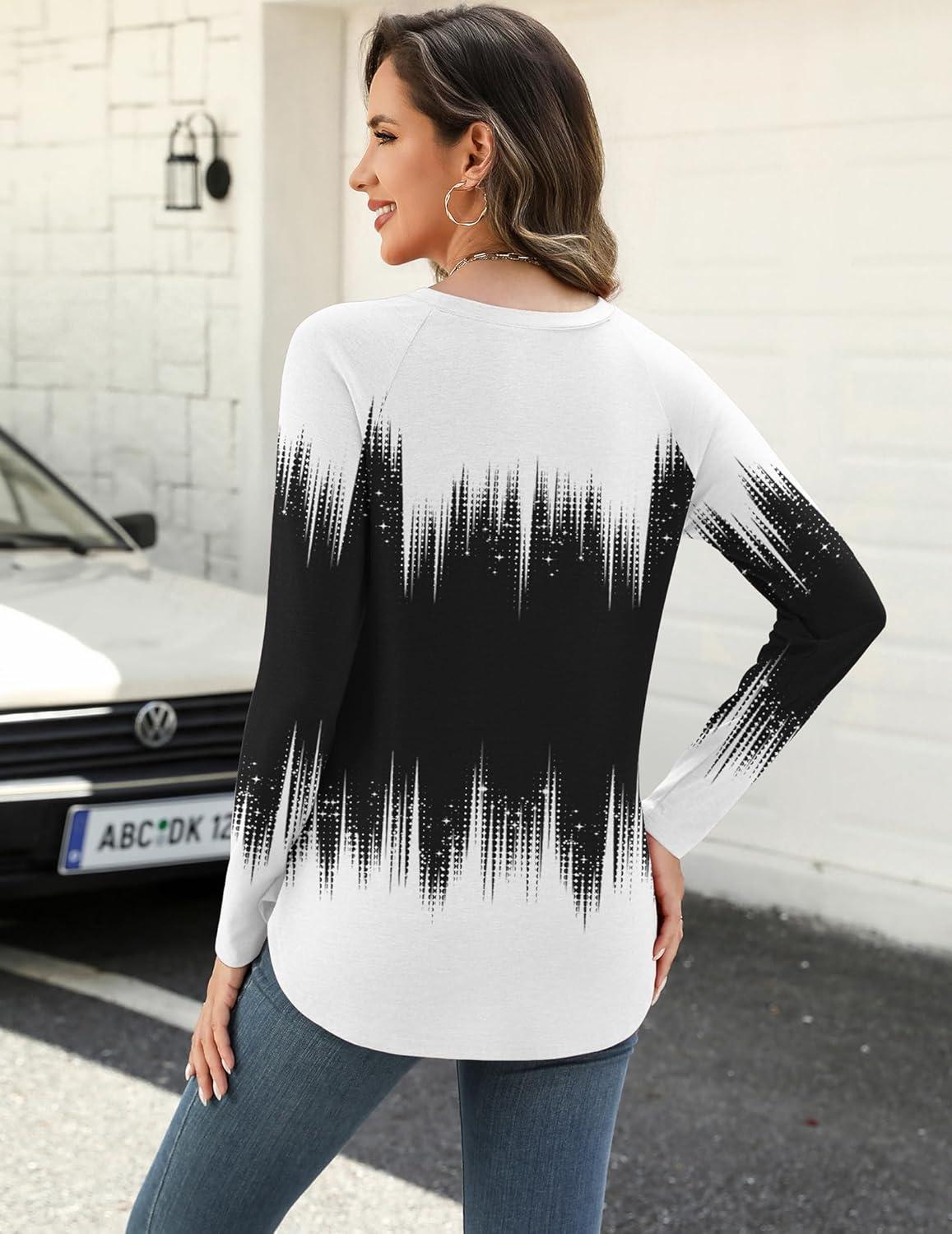 imageZeagoo Long Sleeve Shirts for Women Crew Neck Casual Fall Fashion Blouses Basic Tunic Tops Dressy Work ClothesBlack Whitejb204