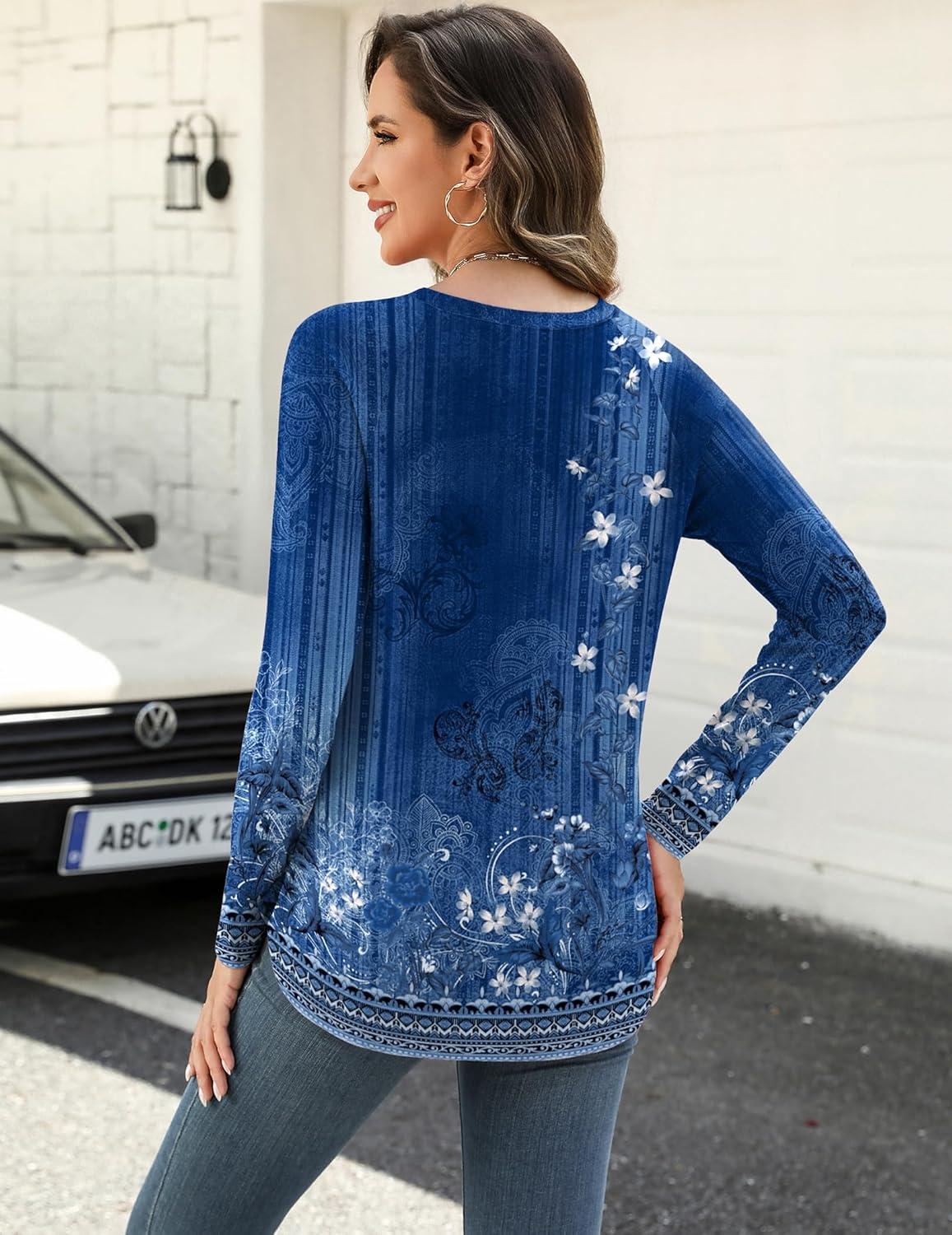imageZeagoo Long Sleeve Shirts for Women Crew Neck Casual Fall Fashion Blouses Basic Tunic Tops Dressy Work ClothesBlue Flowermz712