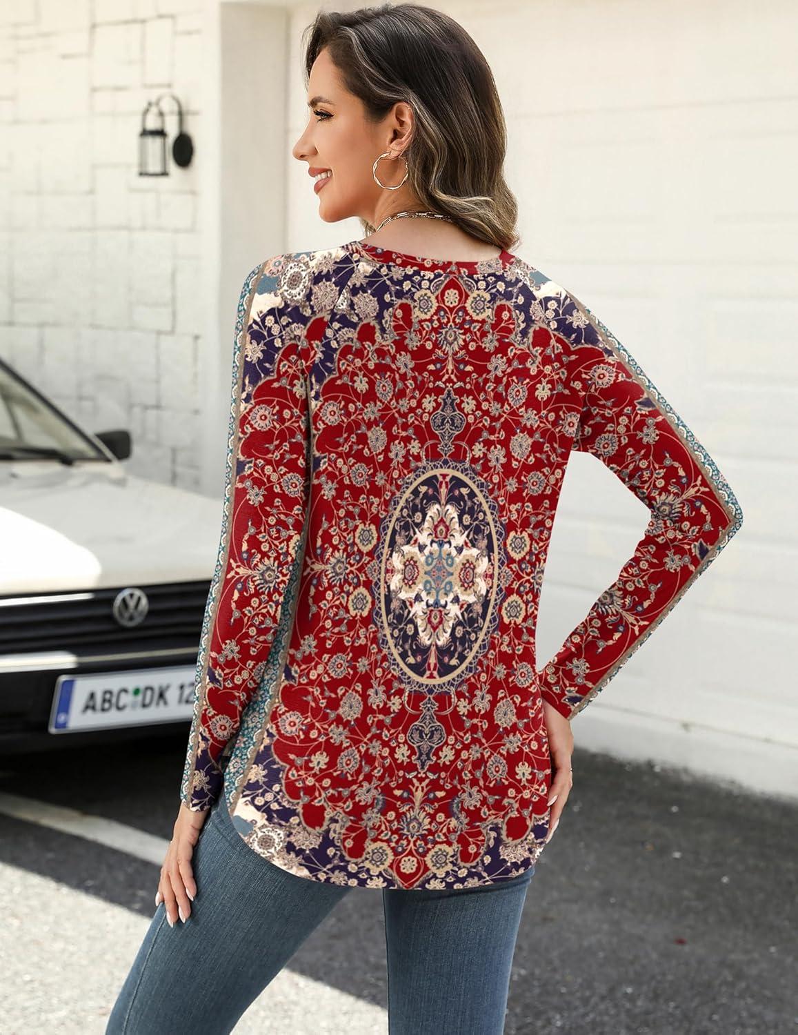 imageZeagoo Long Sleeve Shirts for Women Crew Neck Casual Fall Fashion Blouses Basic Tunic Tops Dressy Work ClothesFloral Redmz870