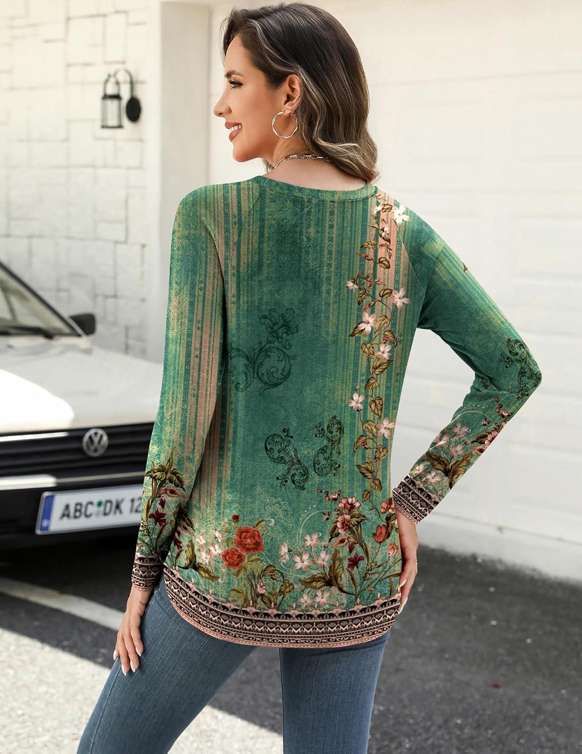 imageZeagoo Long Sleeve Shirts for Women Crew Neck Casual Fall Fashion Blouses Basic Tunic Tops Dressy Work ClothesGreen Flowermz808