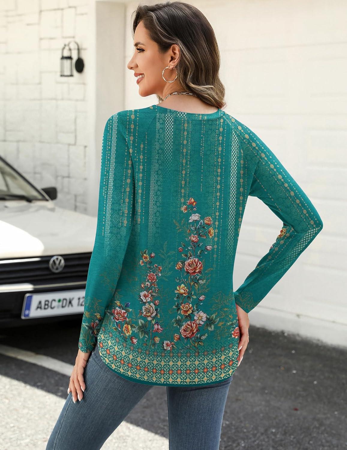 imageZeagoo Long Sleeve Shirts for Women Crew Neck Casual Fall Fashion Blouses Basic Tunic Tops Dressy Work ClothesGreen Printmz871