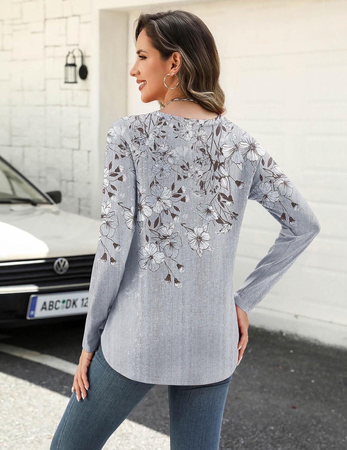 imageZeagoo Long Sleeve Shirts for Women Crew Neck Casual Fall Fashion Blouses Basic Tunic Tops Dressy Work ClothesGrey Printdh62