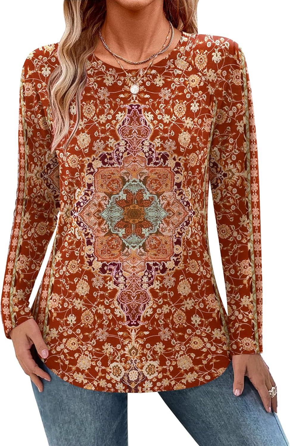 imageZeagoo Long Sleeve Shirts for Women Crew Neck Casual Fall Fashion Blouses Basic Tunic Tops Dressy Work ClothesMulticolormz811