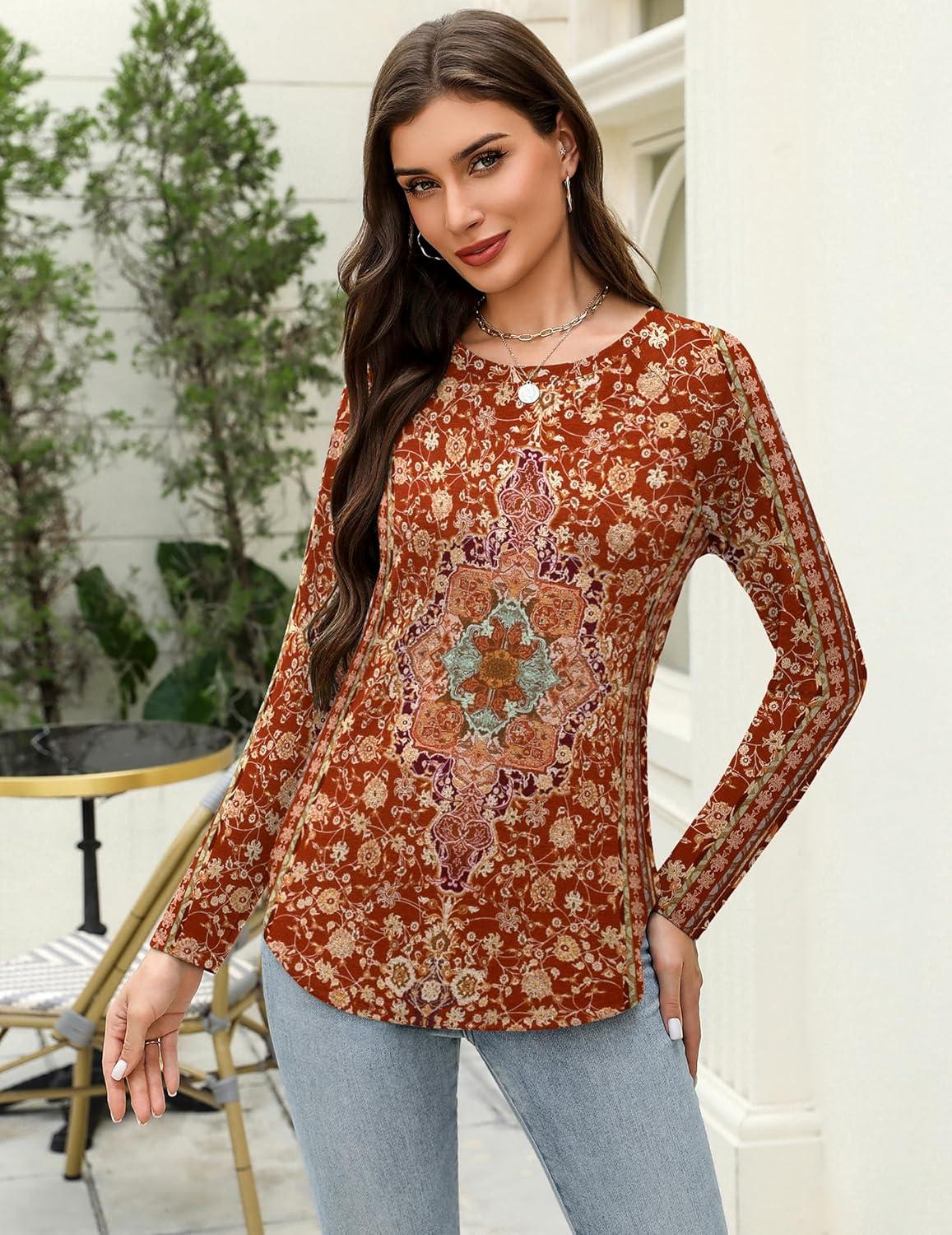 imageZeagoo Long Sleeve Shirts for Women Crew Neck Casual Fall Fashion Blouses Basic Tunic Tops Dressy Work ClothesMulticolormz811
