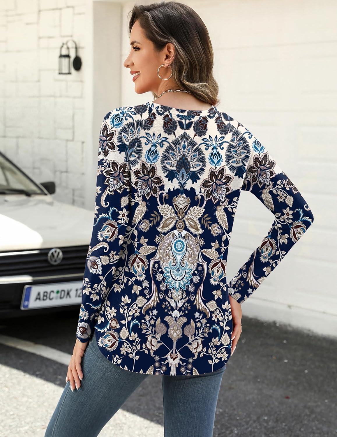 imageZeagoo Long Sleeve Shirts for Women Crew Neck Casual Fall Fashion Blouses Basic Tunic Tops Dressy Work ClothesNavy Printmz873