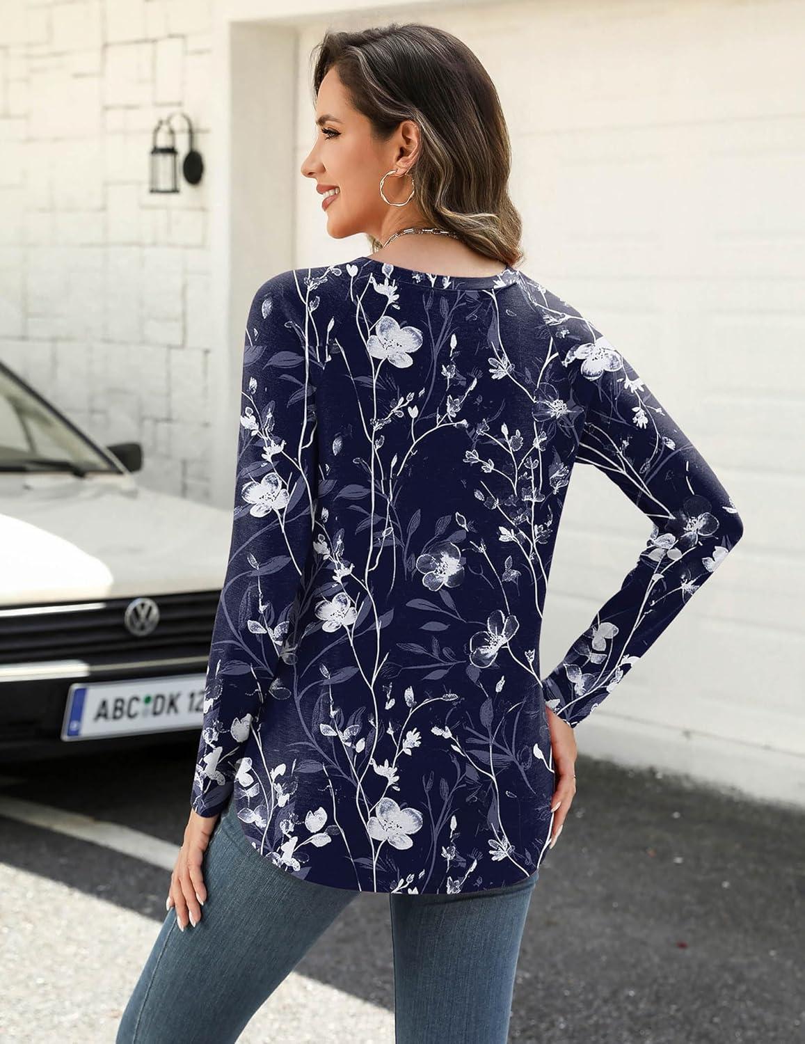 imageZeagoo Long Sleeve Shirts for Women Crew Neck Casual Fall Fashion Blouses Basic Tunic Tops Dressy Work ClothesNavy Printsf180