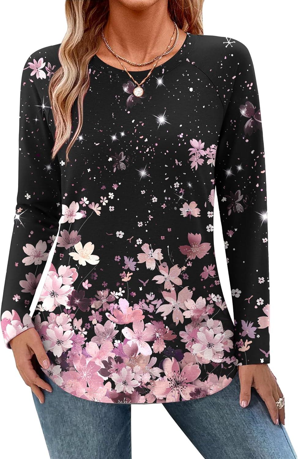 imageZeagoo Long Sleeve Shirts for Women Crew Neck Casual Fall Fashion Blouses Basic Tunic Tops Dressy Work ClothesPink Flowersf31
