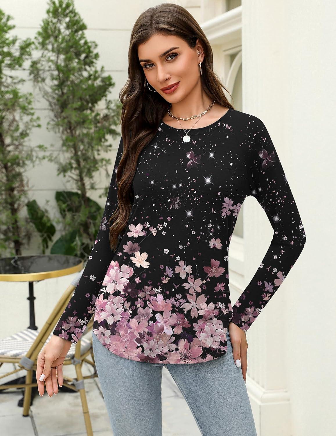 imageZeagoo Long Sleeve Shirts for Women Crew Neck Casual Fall Fashion Blouses Basic Tunic Tops Dressy Work ClothesPink Flowersf31