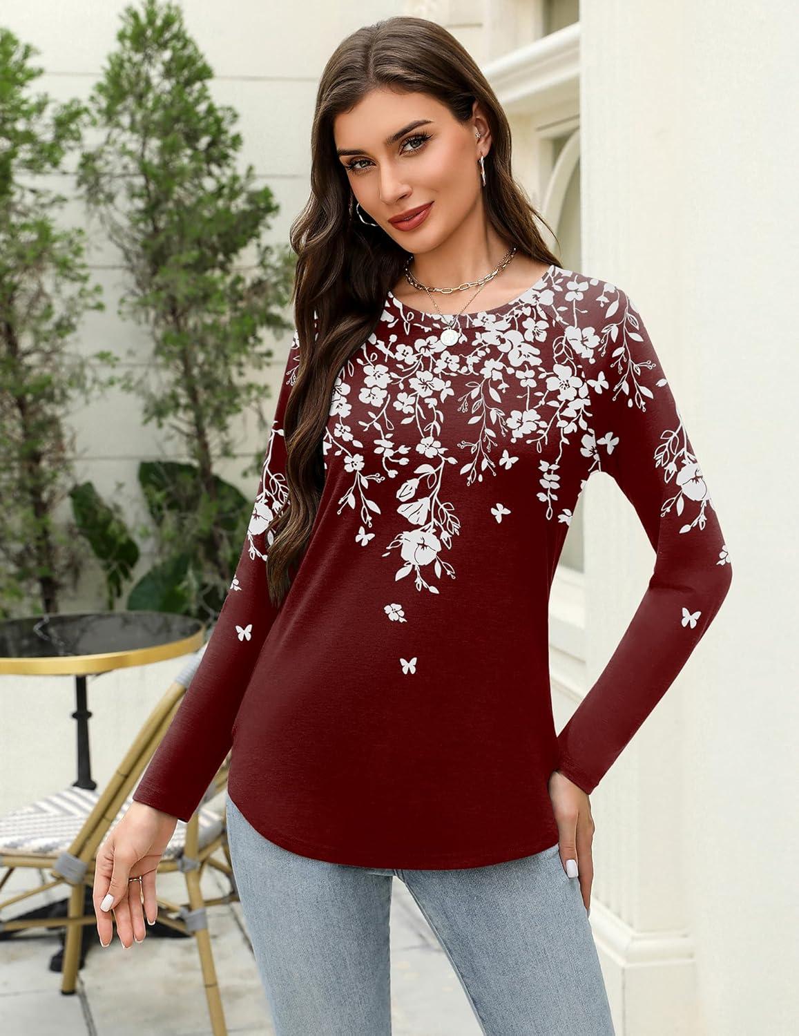 imageZeagoo Long Sleeve Shirts for Women Crew Neck Casual Fall Fashion Blouses Basic Tunic Tops Dressy Work ClothesRed Printsf186