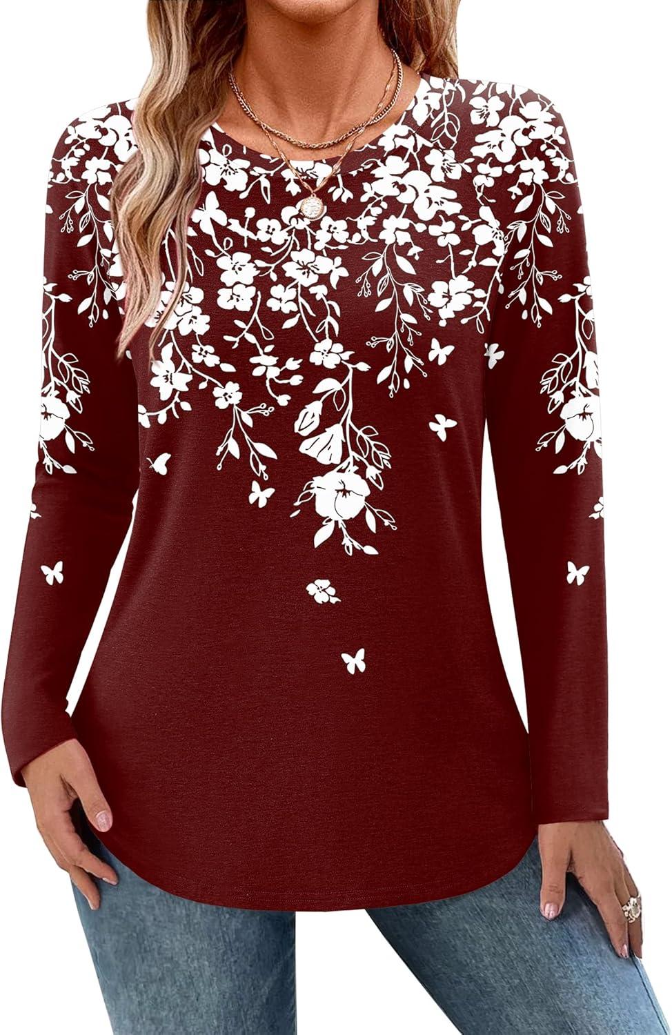 imageZeagoo Long Sleeve Shirts for Women Crew Neck Casual Fall Fashion Blouses Basic Tunic Tops Dressy Work ClothesRed Printsf186