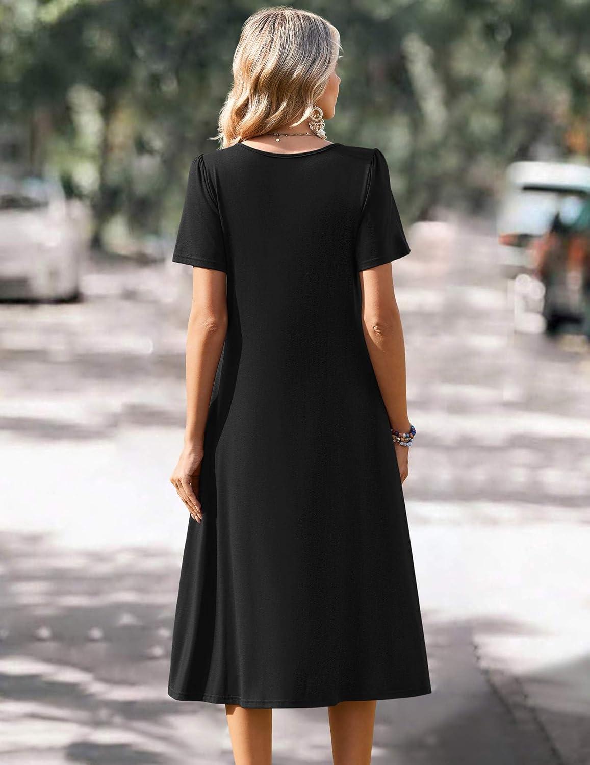 imageZeagoo Summer Dress for Women Casual Floral Midi Sundress with Pockets V Neck Pleated Short Sleeve Aline Beach Vacation DressBlack