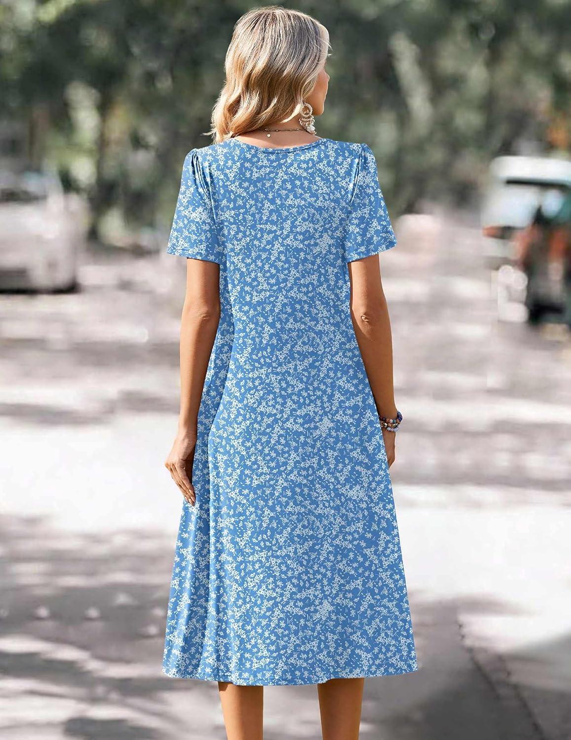 imageZeagoo Summer Dress for Women Casual Floral Midi Sundress with Pockets V Neck Pleated Short Sleeve Aline Beach Vacation DressBlue Floral