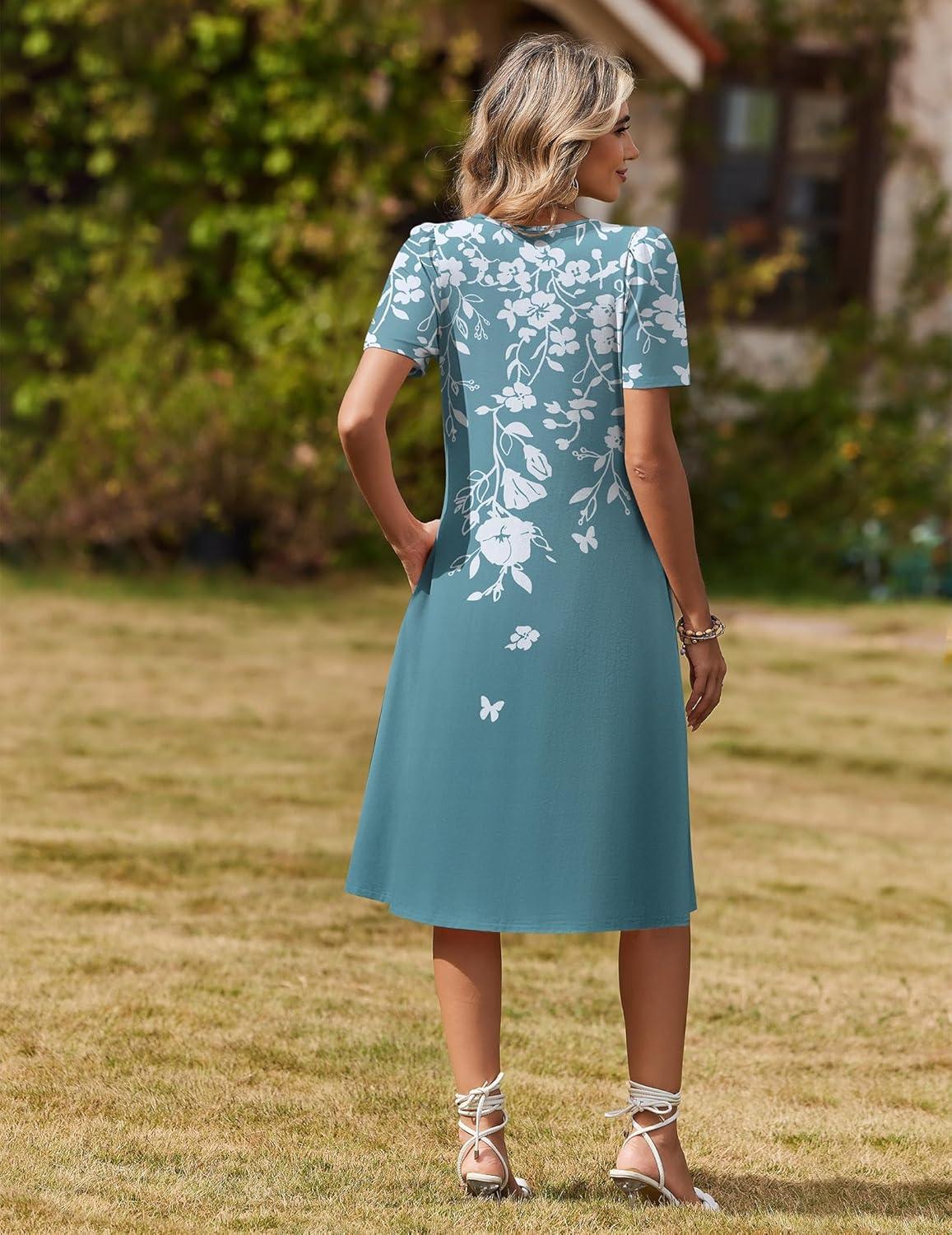 imageZeagoo Summer Dress for Women Casual Floral Midi Sundress with Pockets V Neck Pleated Short Sleeve Aline Beach Vacation DressFloral4