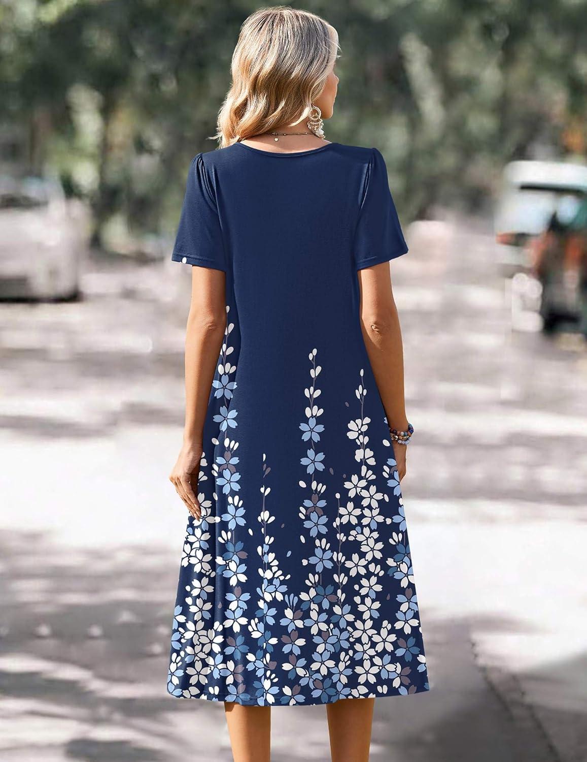 imageZeagoo Summer Dress for Women Casual Floral Midi Sundress with Pockets V Neck Pleated Short Sleeve Aline Beach Vacation DressNavy Floral
