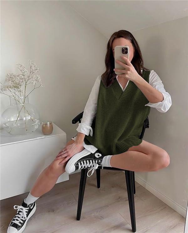 imageZeagoo Sweater Vest Women Sleeveless V Neck Oversized Pullover Knitted Tops 2026 Fall OutfitsArmy Green