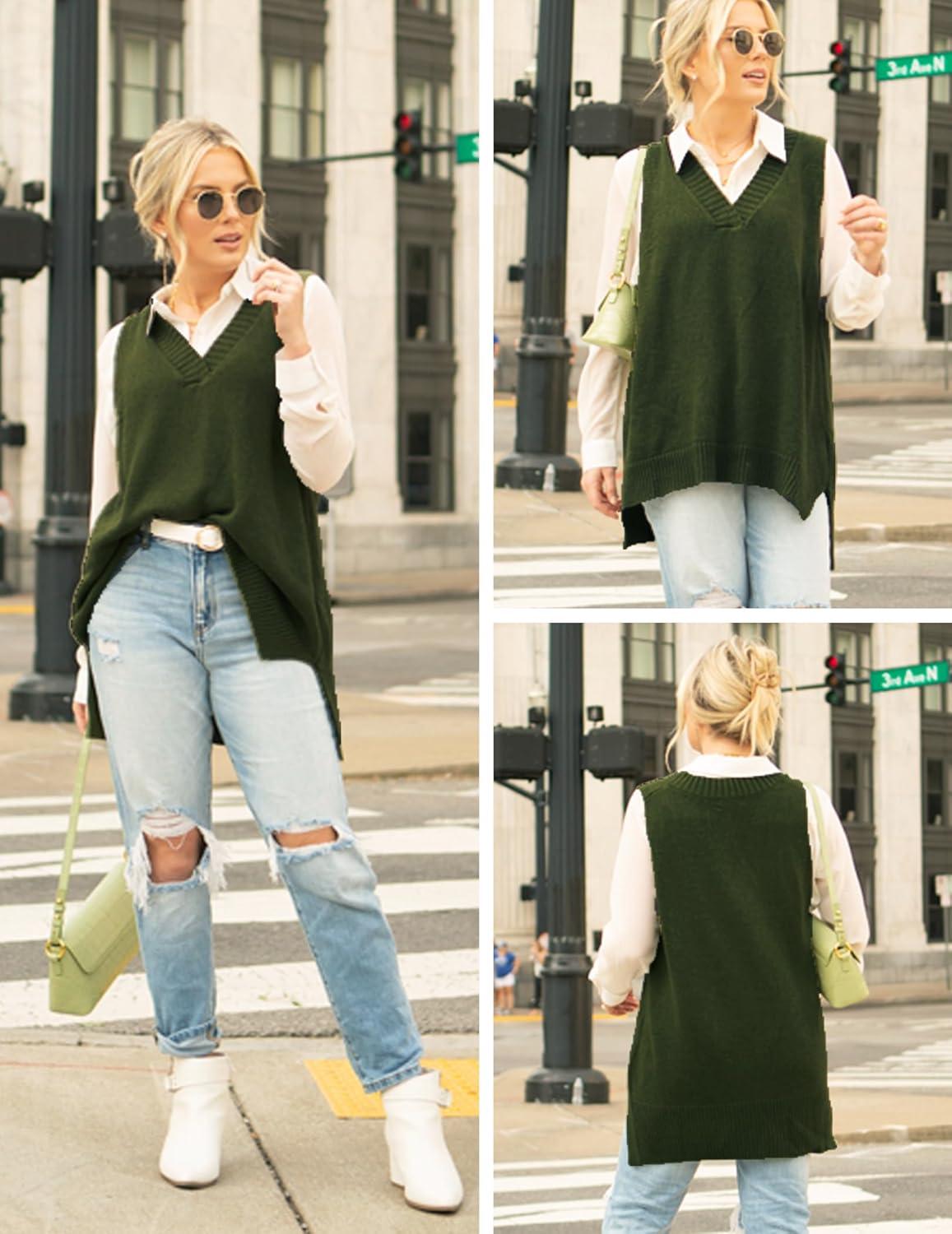 imageZeagoo Sweater Vest Women Sleeveless V Neck Oversized Pullover Knitted Tops 2026 Fall OutfitsArmy Green