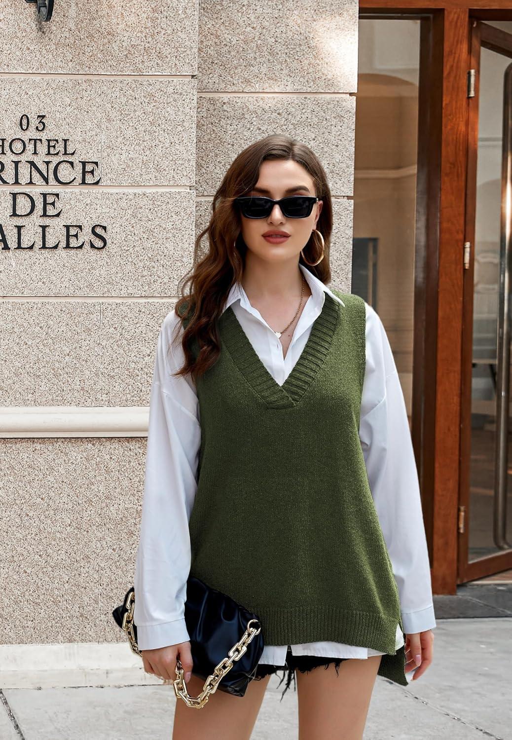 imageZeagoo Sweater Vest Women Sleeveless V Neck Oversized Pullover Knitted Tops 2026 Fall OutfitsArmy Green