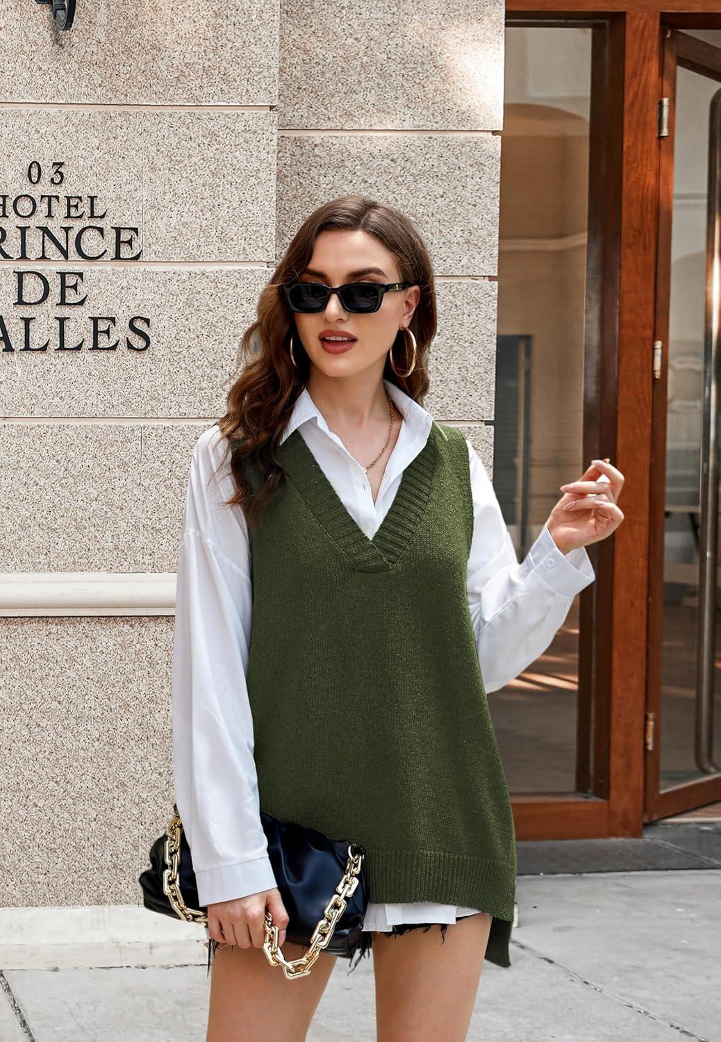 imageZeagoo Sweater Vest Women Sleeveless V Neck Oversized Pullover Knitted Tops 2026 Fall OutfitsArmy Green