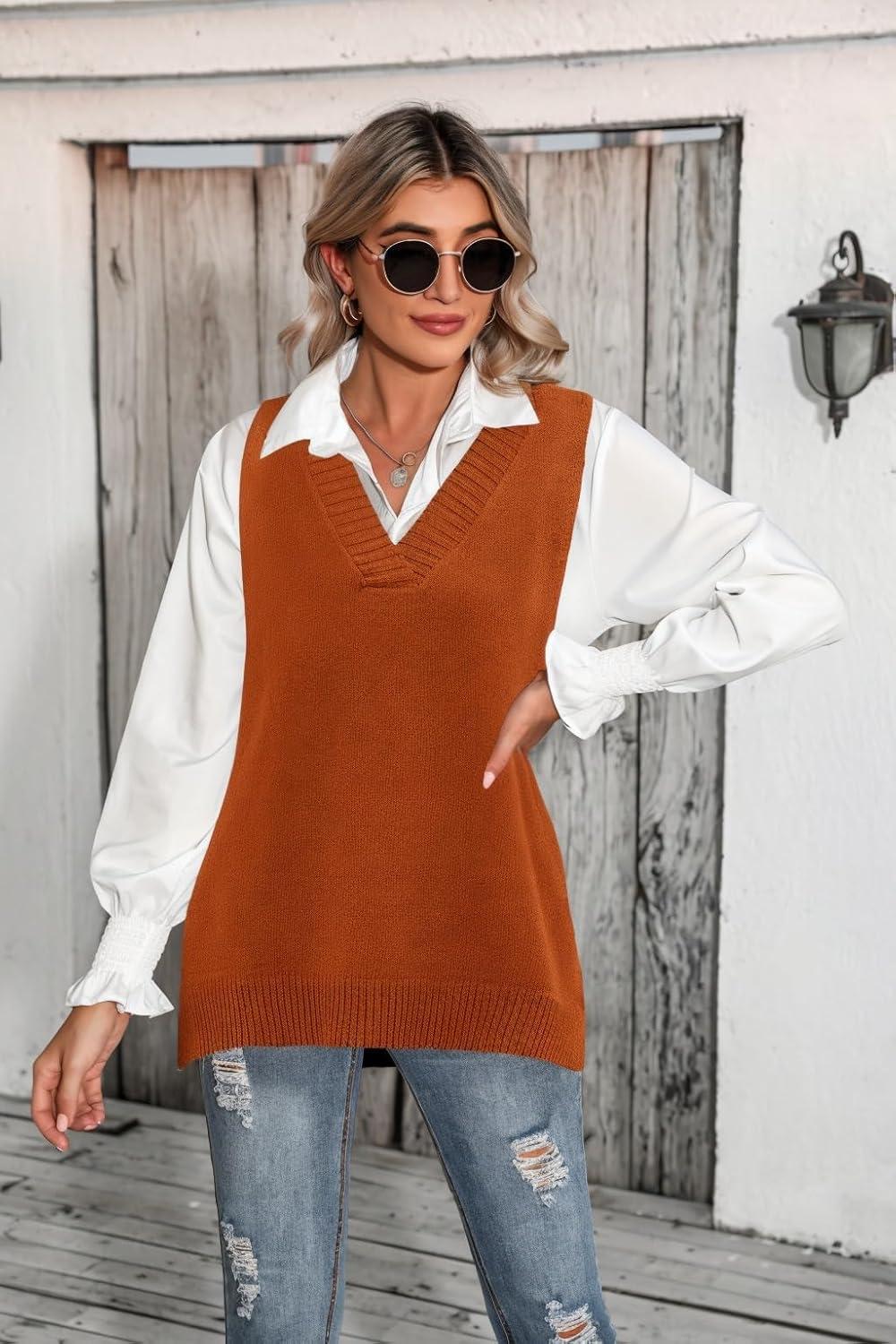 imageZeagoo Sweater Vest Women Sleeveless V Neck Oversized Pullover Knitted Tops 2026 Fall OutfitsCaramel