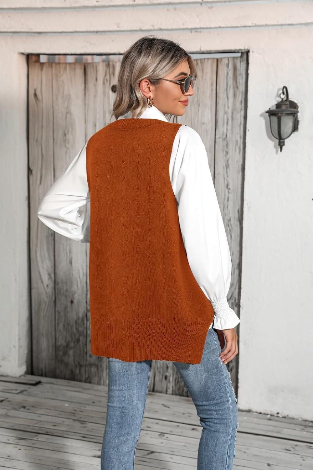 imageZeagoo Sweater Vest Women Sleeveless V Neck Oversized Pullover Knitted Tops 2026 Fall OutfitsCaramel