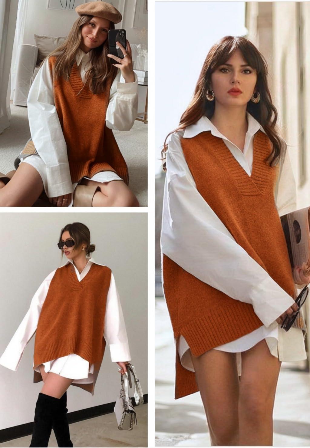 imageZeagoo Sweater Vest Women Sleeveless V Neck Oversized Pullover Knitted Tops 2026 Fall OutfitsCaramel