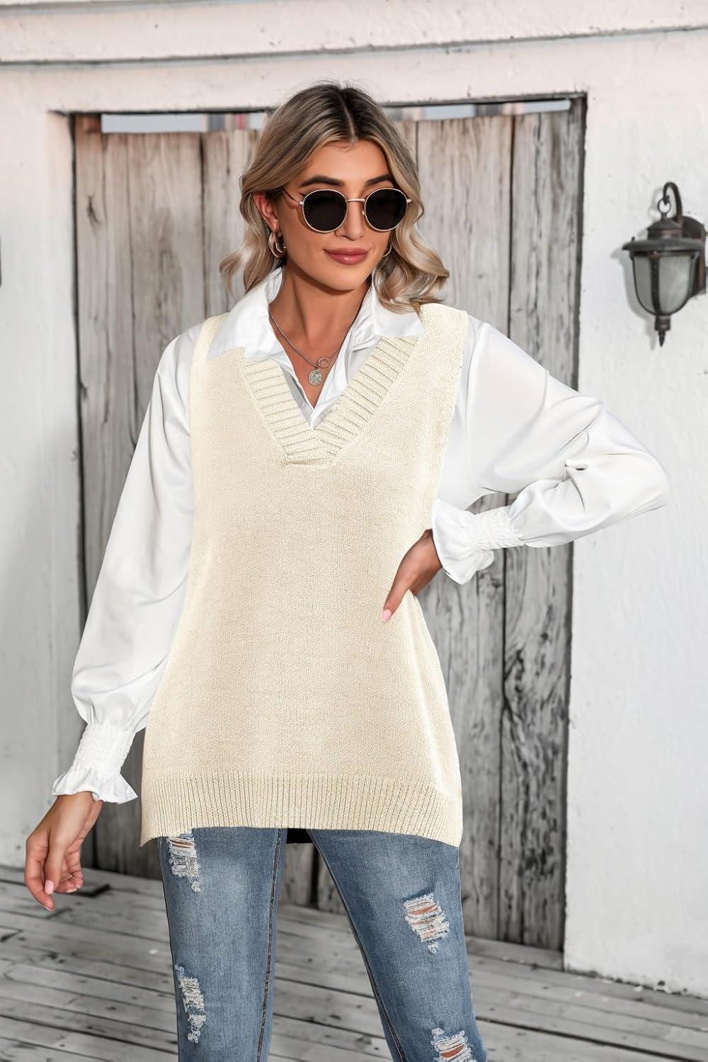 imageZeagoo Sweater Vest Women Sleeveless V Neck Oversized Pullover Knitted Tops 2026 Fall OutfitsCream