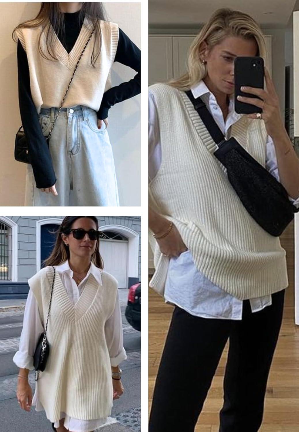 imageZeagoo Sweater Vest Women Sleeveless V Neck Oversized Pullover Knitted Tops 2026 Fall OutfitsCream
