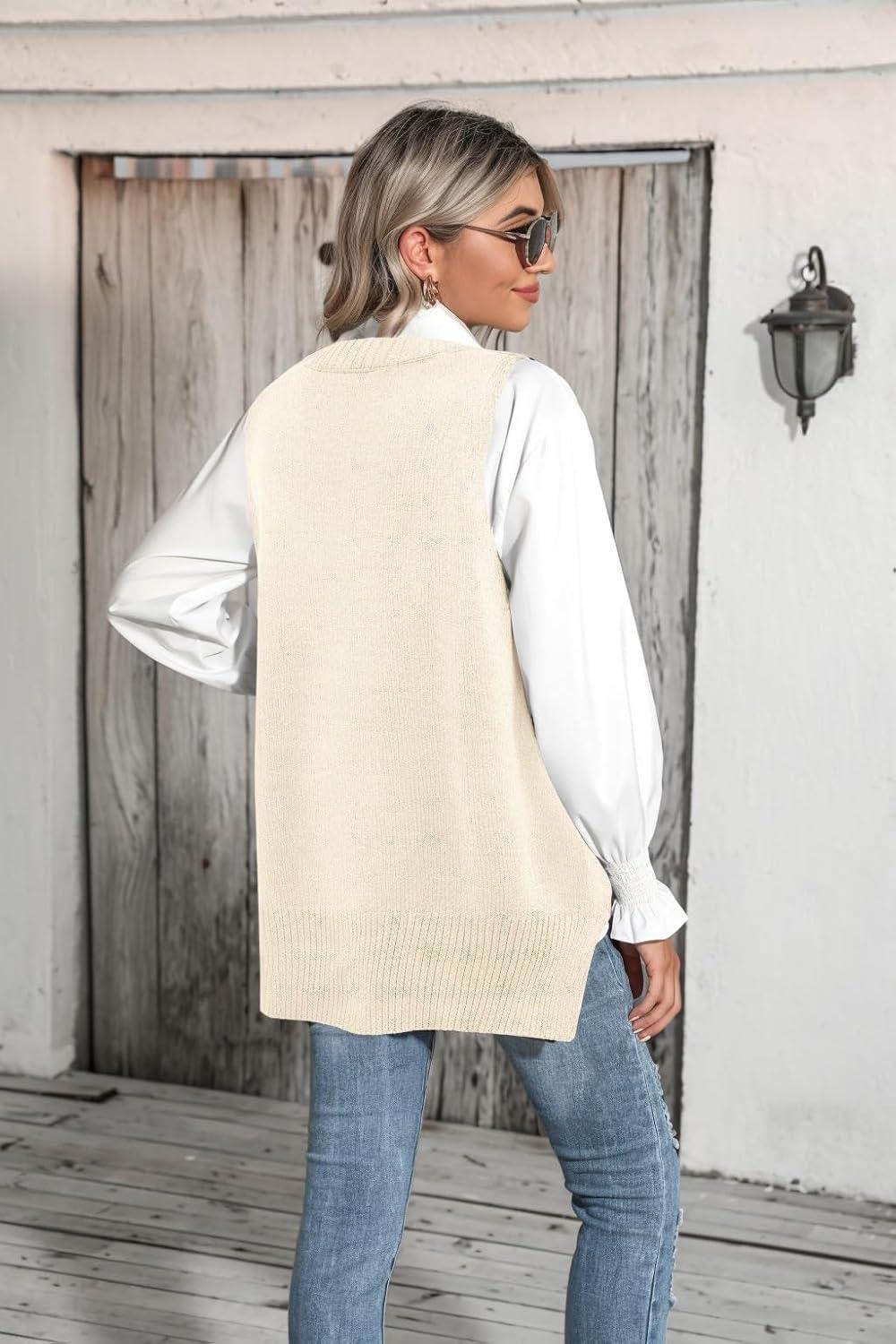 imageZeagoo Sweater Vest Women Sleeveless V Neck Oversized Pullover Knitted Tops 2026 Fall OutfitsCream