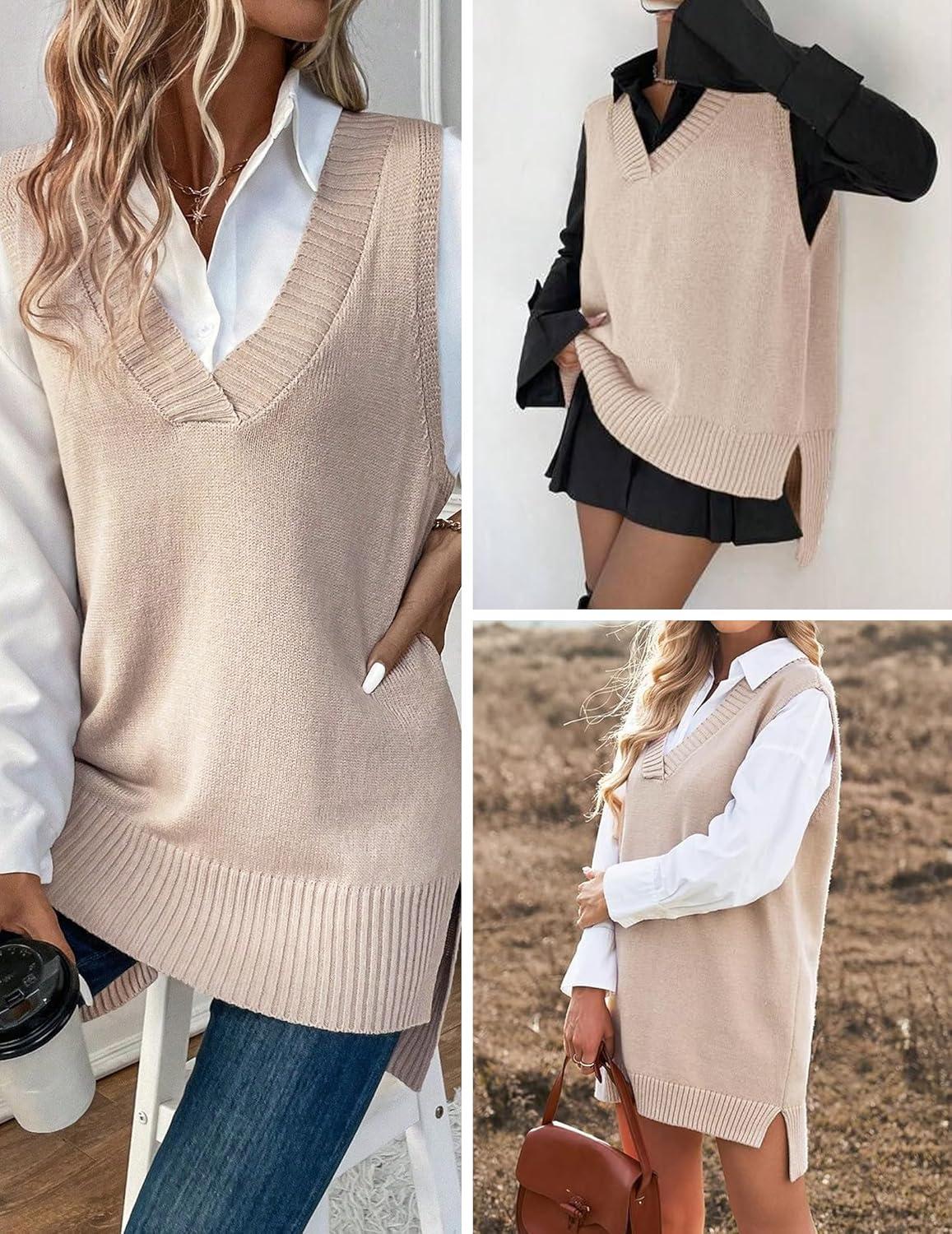 imageZeagoo Sweater Vest Women Sleeveless V Neck Oversized Pullover Knitted Tops 2026 Fall OutfitsDark Apricot
