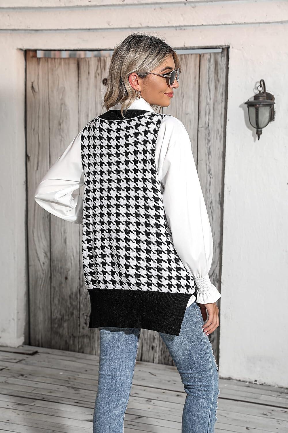 imageZeagoo Sweater Vest Women Sleeveless V Neck Oversized Pullover Knitted Tops 2026 Fall OutfitsHoundstooth Black and White