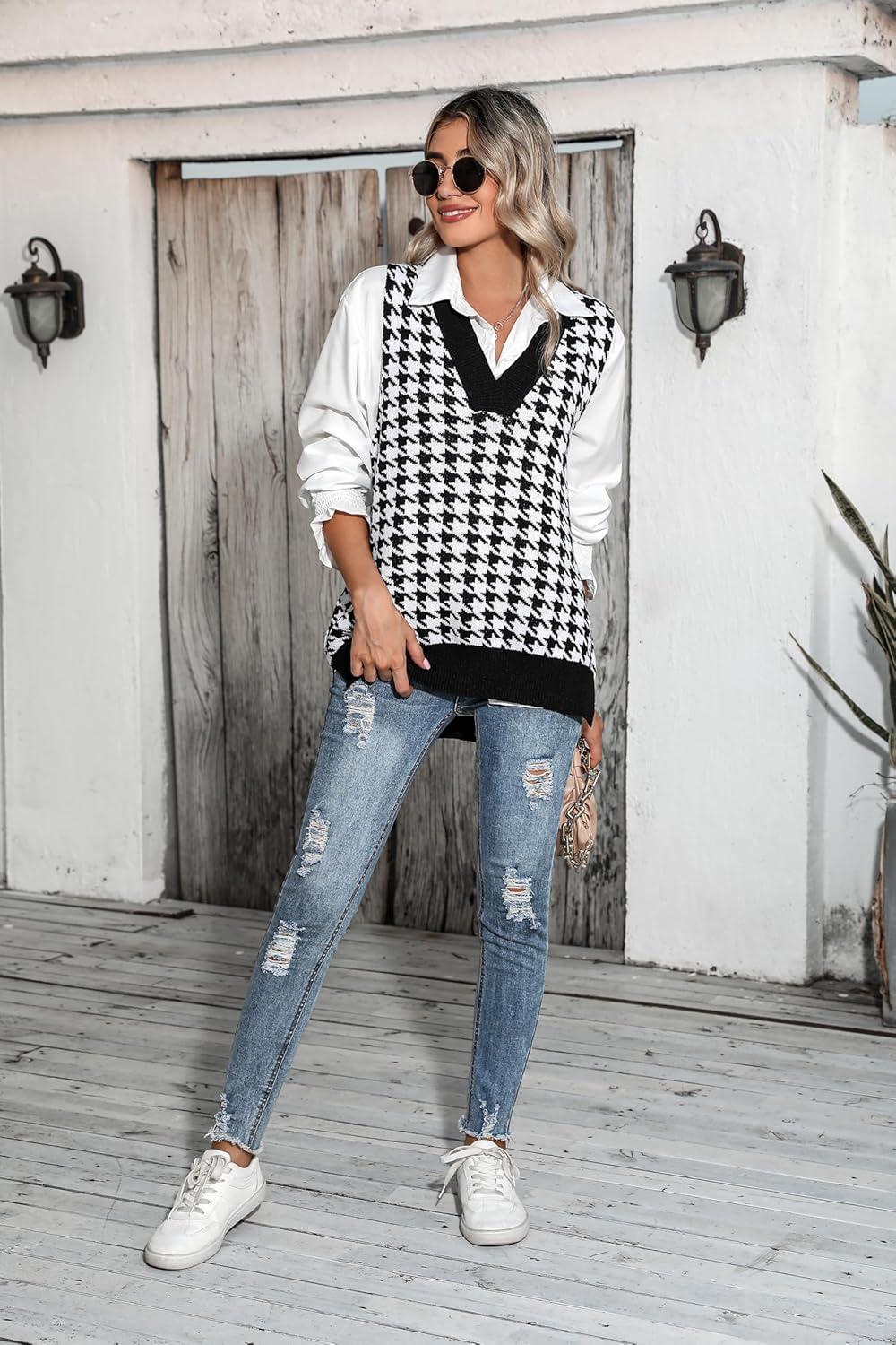 imageZeagoo Sweater Vest Women Sleeveless V Neck Oversized Pullover Knitted Tops 2026 Fall OutfitsHoundstooth Black and White