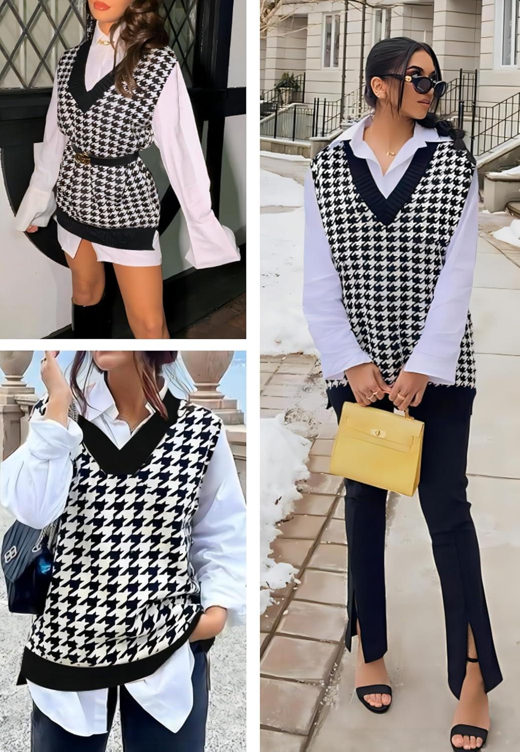 imageZeagoo Sweater Vest Women Sleeveless V Neck Oversized Pullover Knitted Tops 2026 Fall OutfitsHoundstooth Black and White