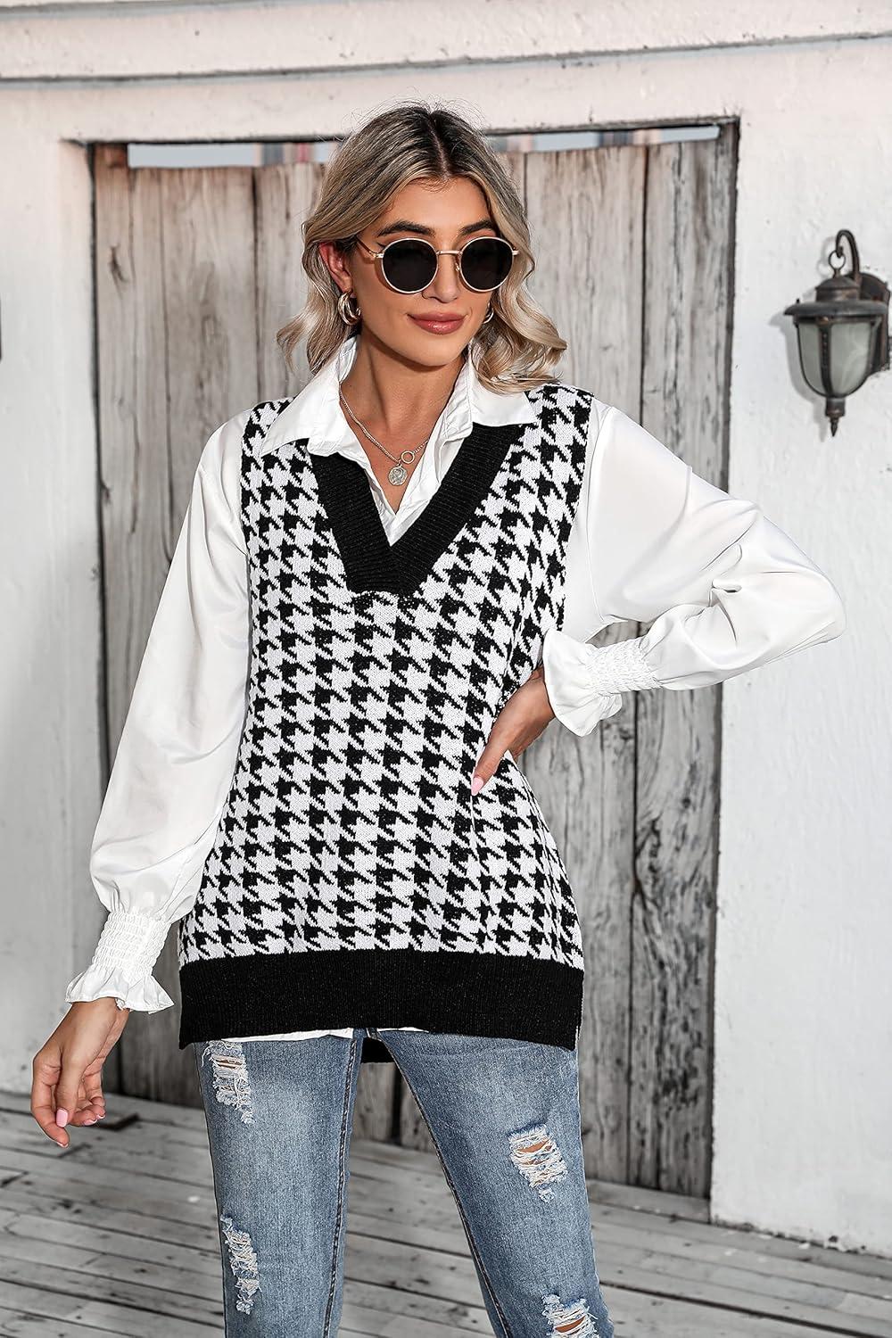 imageZeagoo Sweater Vest Women Sleeveless V Neck Oversized Pullover Knitted Tops 2026 Fall OutfitsHoundstooth Black and White