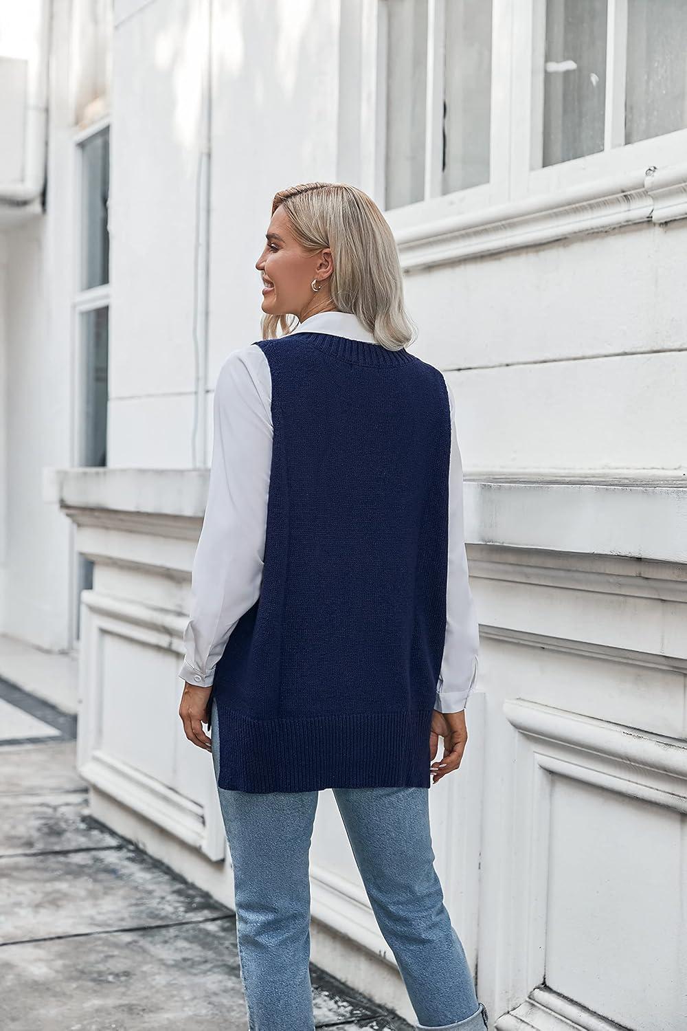 imageZeagoo Sweater Vest Women Sleeveless V Neck Oversized Pullover Knitted Tops 2026 Fall OutfitsNavy Blue