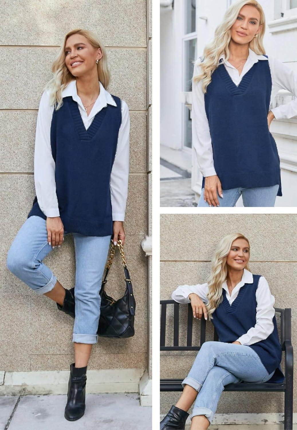 imageZeagoo Sweater Vest Women Sleeveless V Neck Oversized Pullover Knitted Tops 2026 Fall OutfitsNavy Blue