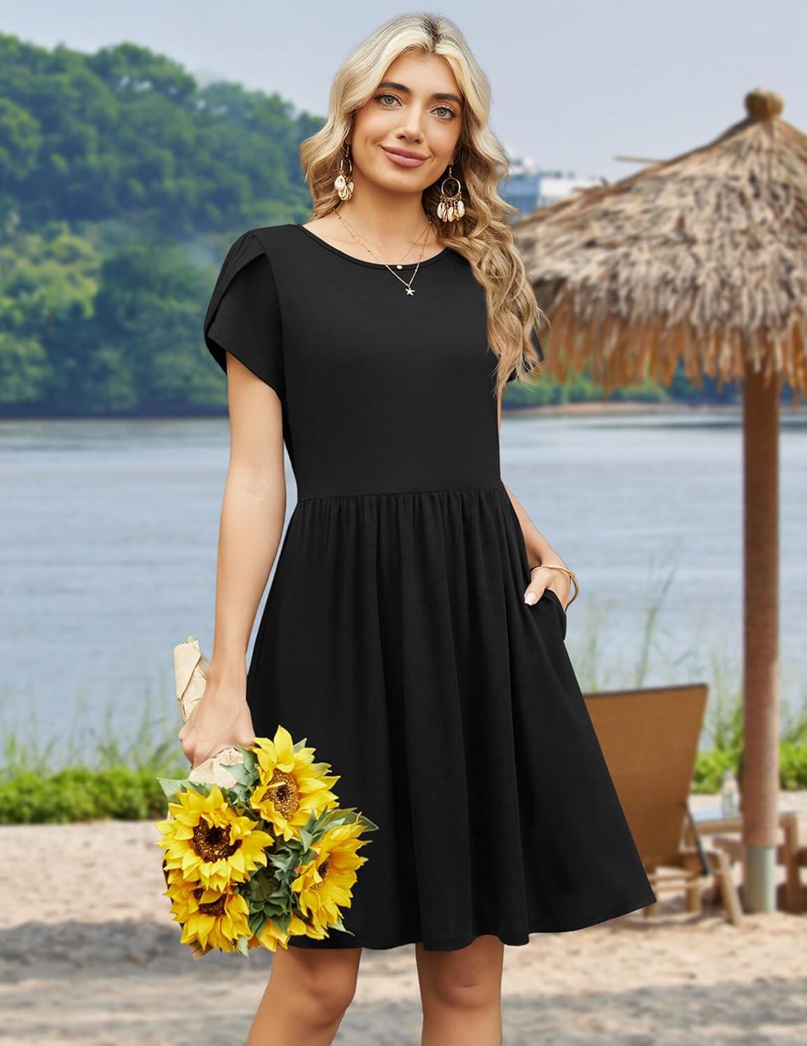 imageZeagoo Women Summer Dress 2026 Short Sleeve Aline Mini Dresses with Pockets Casual Swing Tshirt Dress Vocation Beach SundressBlack