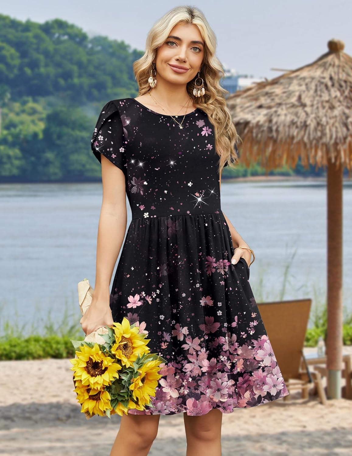 imageZeagoo Women Summer Dress 2026 Short Sleeve Aline Mini Dresses with Pockets Casual Swing Tshirt Dress Vocation Beach SundressBlack Pink Floral