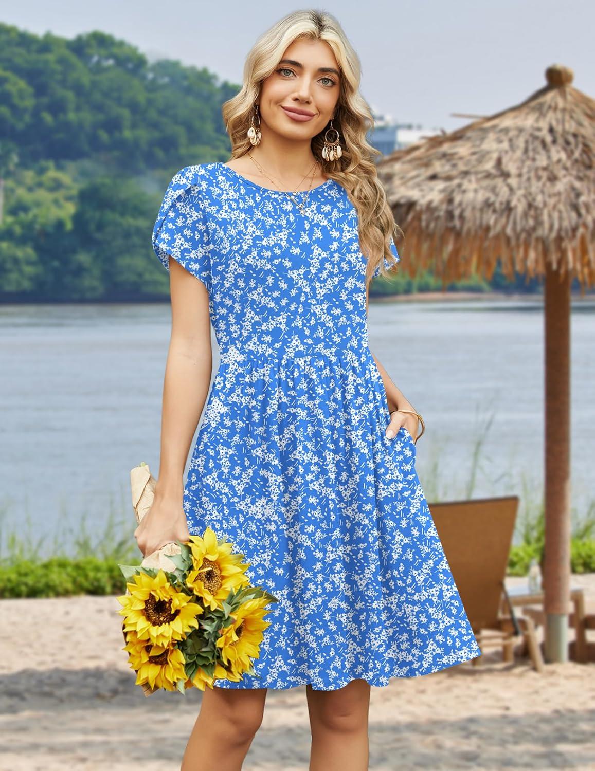 imageZeagoo Women Summer Dress 2026 Short Sleeve Aline Mini Dresses with Pockets Casual Swing Tshirt Dress Vocation Beach SundressBlue Floral