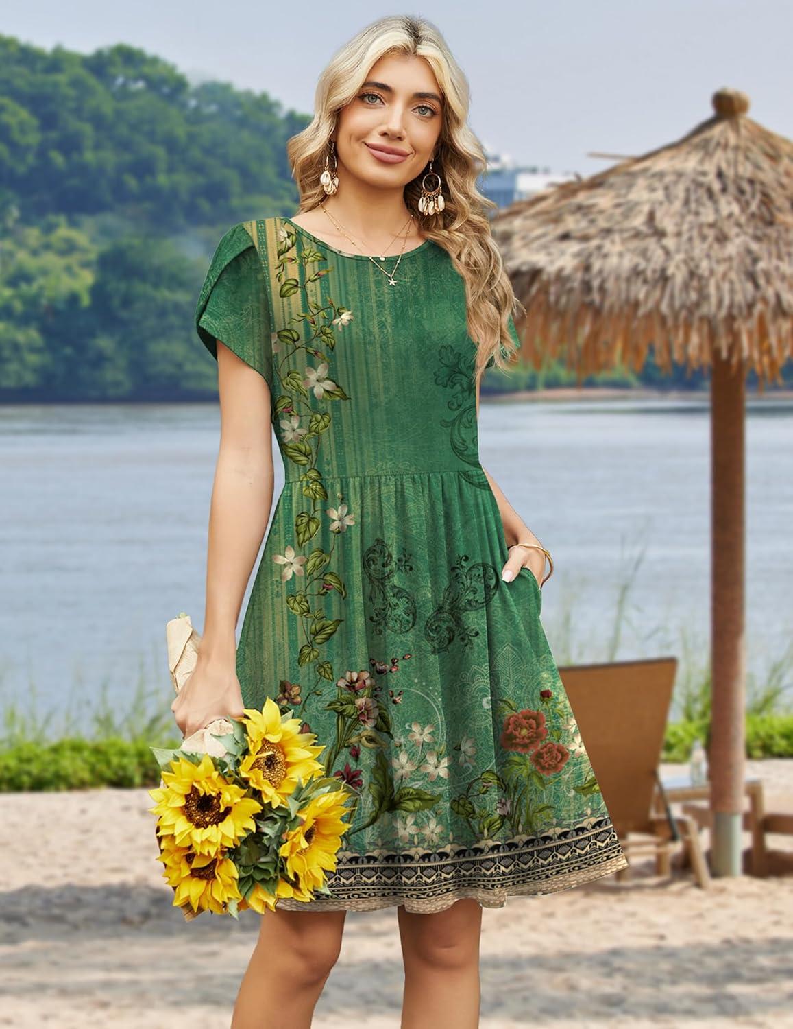 imageZeagoo Women Summer Dress 2026 Short Sleeve Aline Mini Dresses with Pockets Casual Swing Tshirt Dress Vocation Beach SundressGreen Ethnic