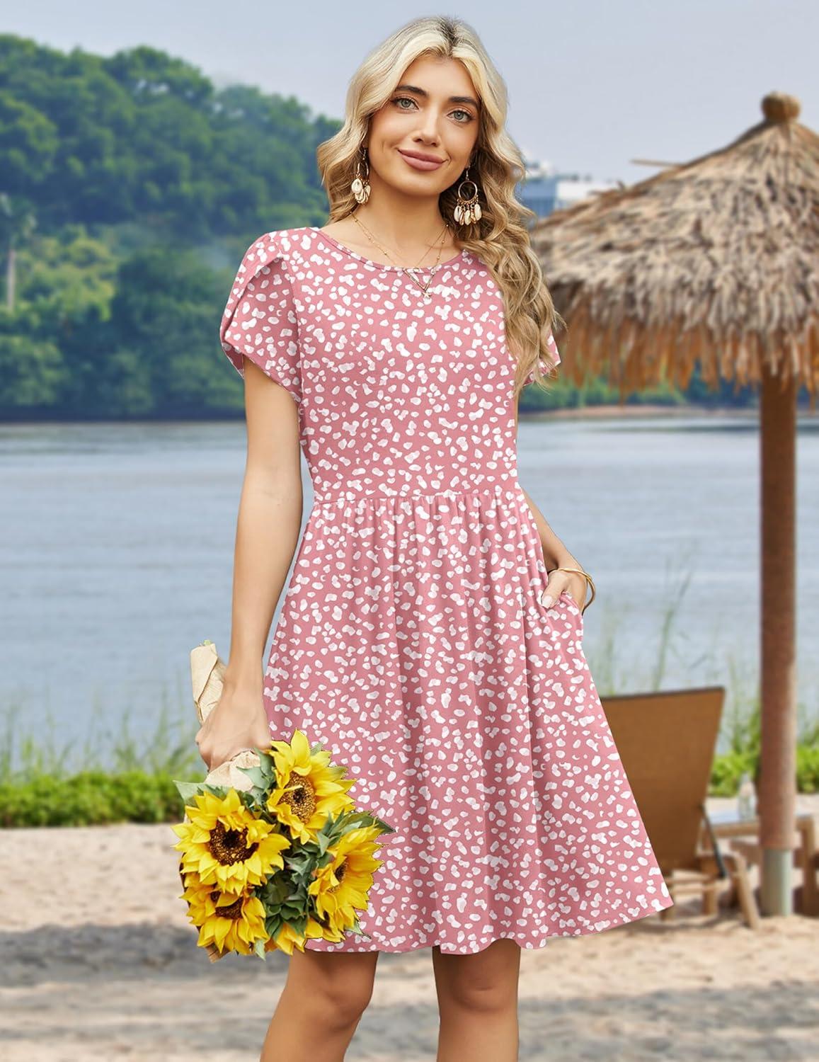 imageZeagoo Women Summer Dress 2026 Short Sleeve Aline Mini Dresses with Pockets Casual Swing Tshirt Dress Vocation Beach SundressJh589