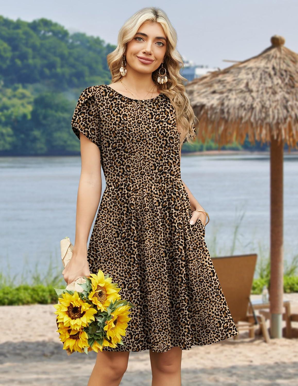 imageZeagoo Women Summer Dress 2026 Short Sleeve Aline Mini Dresses with Pockets Casual Swing Tshirt Dress Vocation Beach SundressLeopard Print